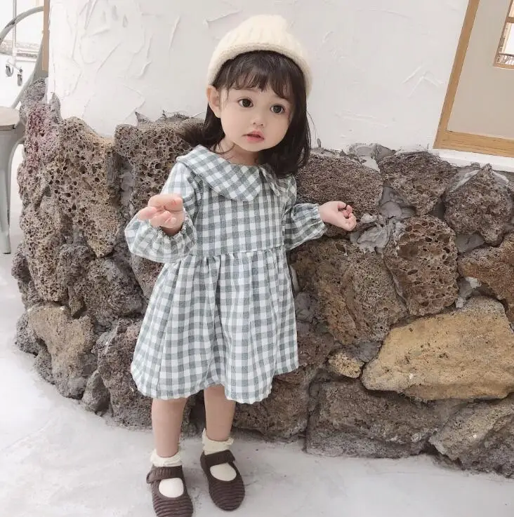 Клетчатое платье в Корейском стиле для девочек модная Осенняя детская одежда с длинными рукавами платья для девочек 1-6 лет