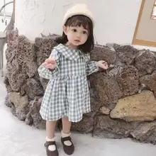 Клетчатое платье в Корейском стиле для девочек модная Осенняя детская одежда с длинными рукавами платья для девочек 1-6 лет