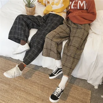 

Harajuku Plaid Pants Women Vintage Lace Up Ankle-length High Waist Pants 2020 Wide Leg Trousers Knitted Pants Women