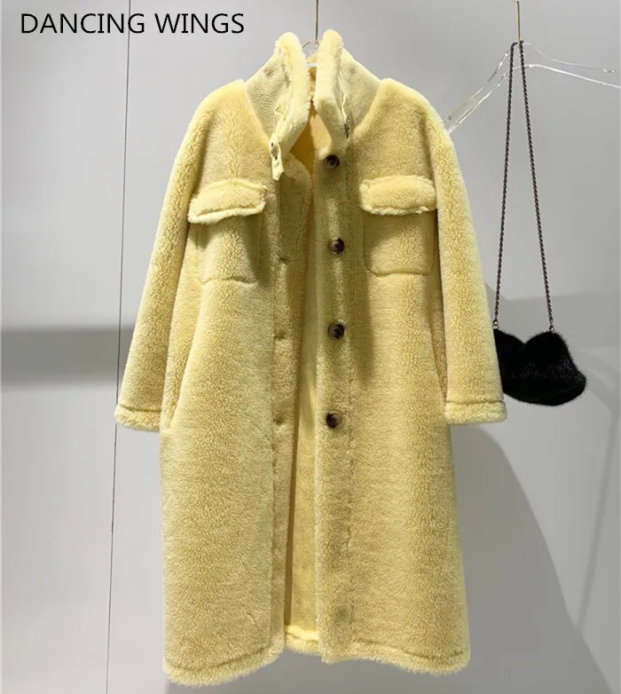 

Long teddy bear real sheep fur coat women 2019 winter single breasted warm yellow oversized sheep shearling fur jacket