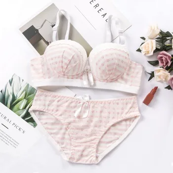 

Women Striped Print Fashion Bras Sets Sexy Bow Bra Lace Push Up Underwear Set 2019 New