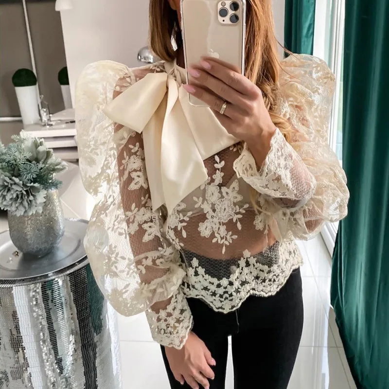 Sexy Women Lady Crochet Mesh Sheer See-Through Long Puff Sleeve Tops Shirt Bow Neck Loose Casual Blouse Top Sexy Women Lady Crochet Mesh Sheer See-Through Long Puff Sleeve Tops Shirt Bow Neck Loose Casual Blouse Top