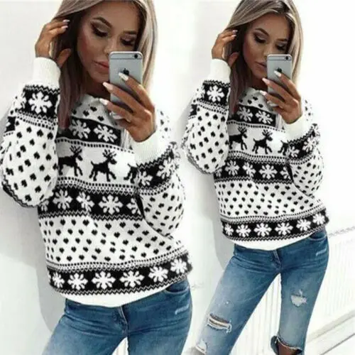 Autumn Winter Women's Christmas Xmas Deer Snow Flower Printed Pullover Sweatshirt Long Sleeve O Neck Jumper Tops - Цвет: Черный