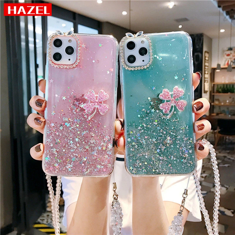 Gradient Sequins Crystal Glitter Case Cover For iPhone 11pro X XR XS Max 6 S 7 8 Plus Shinning Clear Soft TPU lanyard Coque |