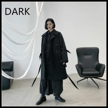 

[DARK] High-end British Catwalk Windbreaker, Tooling Function, Handsome Loose Profile Coat, Mid-length Coat, Black