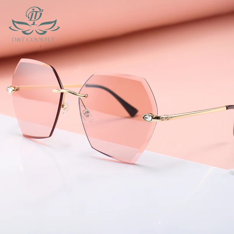 

D&T Rimless Sunglasses Women Macaron Colors Irregular Hexagon Shape Bead Decorated Fashion Trends New Style Sunglasses