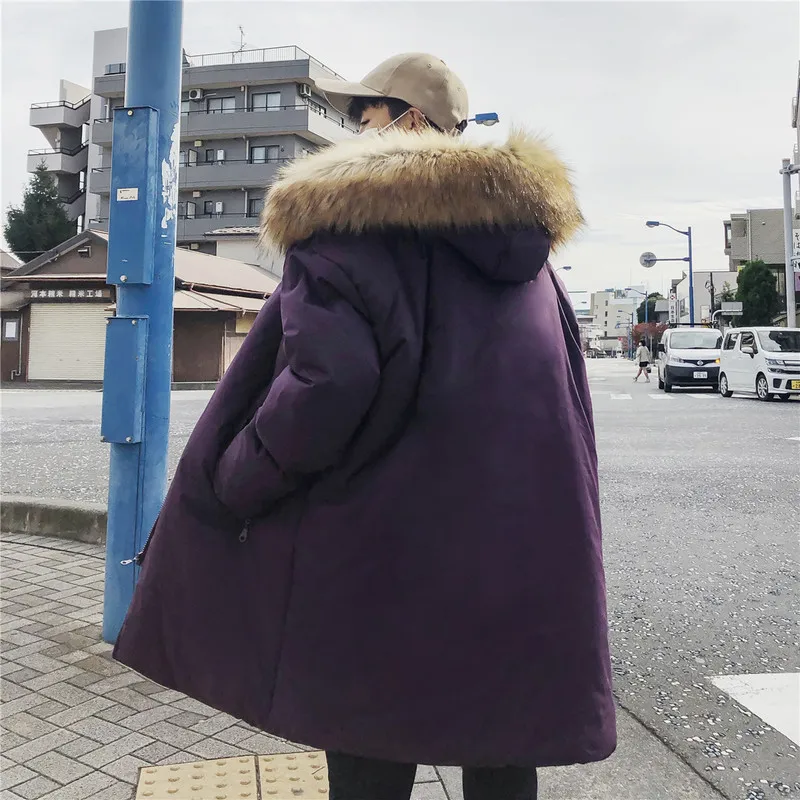 Liketkit, мужские зимние куртки и пальто с капюшоном,, одноцветное, большой меховой воротник, длинное пальто, мужская, корейская мода, свободная, плотная парка