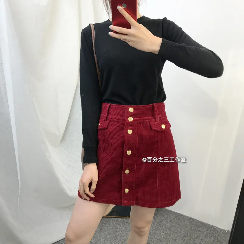 

One's Industrial Retro Corduroy High-waisted Front Buckle Autumn And Winter Skirt Entity