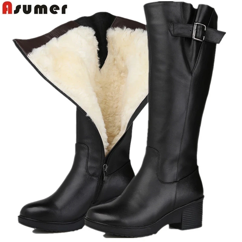 Tanie ASUMER rozmiar 35 43 modne buty z prawdziwej skóry okrągłe toe zip średnio wysokie buty z cholewami kobiety shearling wełna zima utrzymać ciepłe buty na śnieg