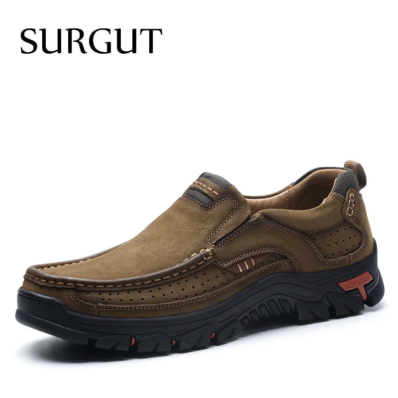 No Hole Khaki SURGUT, мужские туфли из натуральной кожи, высокое качество, без шнуровки, фирменные, модные, дизайнерские, одноцветные, удобные, мужские, повседневные туфли, большие размеры 38-48 - Цвет: No Hole Khaki