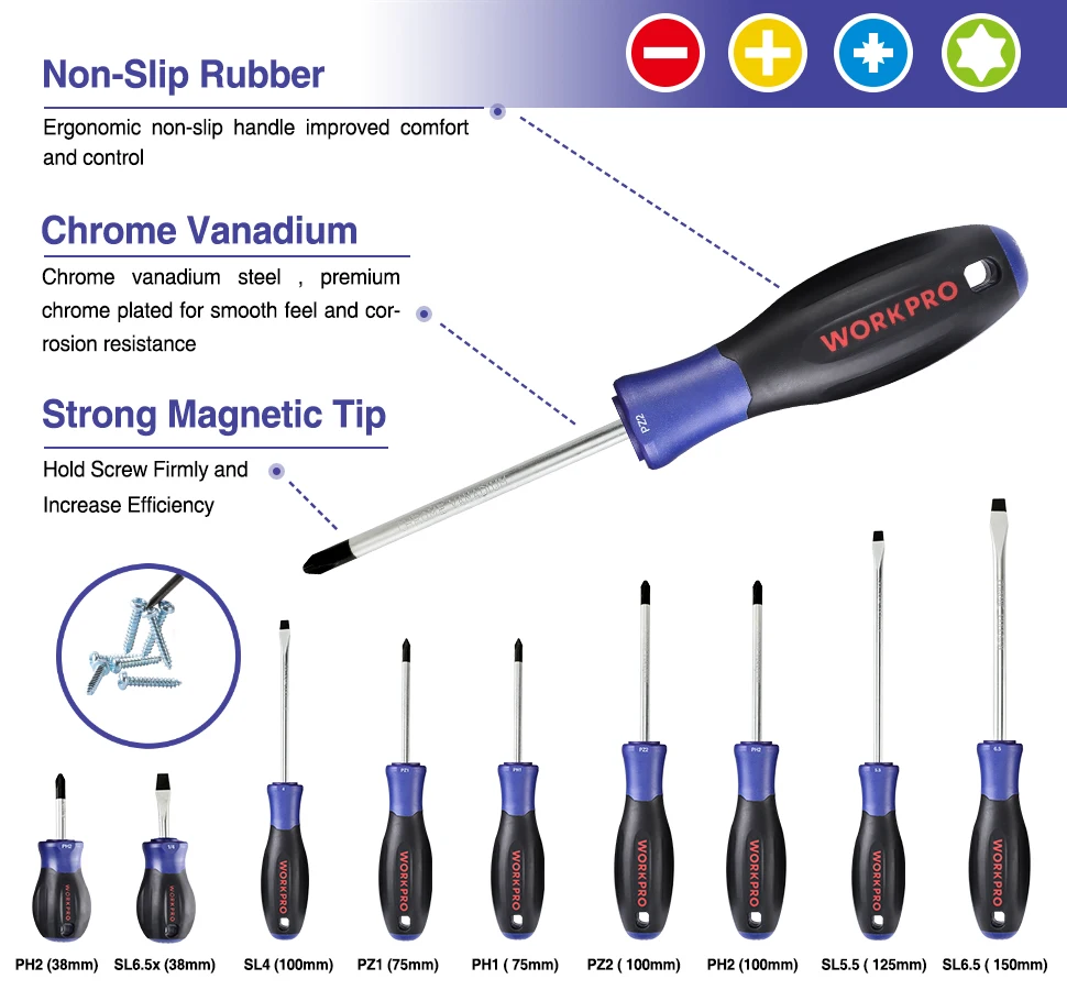 WORKPRO 16PC 자기 스크루 드라이버 세트 Phillips Slotted Pozi 및 Pricision Screwdriver Set For Fix Repair DIY With Durable Case