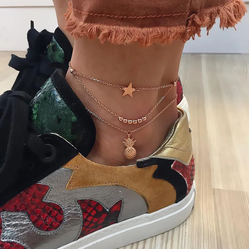 2 Pcs/set Classic Anklet Multi-layer Star Pentagram Bead Pineapple Beach Ankle Bracelet Metal Anklets for Women Bohemian Jewelry 2 Pcs/set Classic Anklet Multi-layer Star Pentagram Bead Pineapple Beach Ankle Bracelet Metal Anklets for Women Bohemian Jewelry