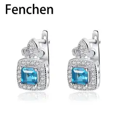 Fenchen Blue Topza драгоценный камень клип серьги для женщин 925 стерлингового серебра клип серьги ювелирные украшения подарок букле D Oreille AE145