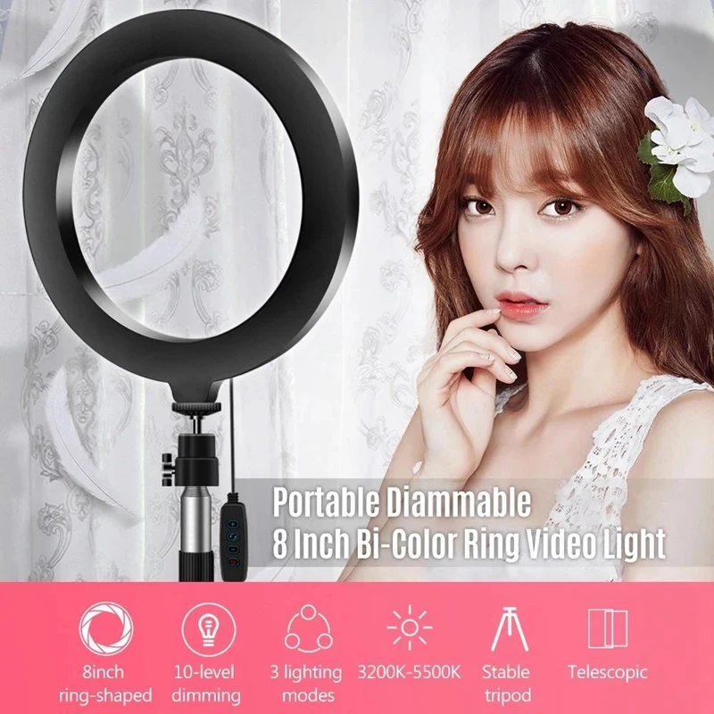 

Portable 20cm / 8 Inch Diammable 3200K-5500K Bi-Color Ring Video Light 3Pcs Lighting Modes