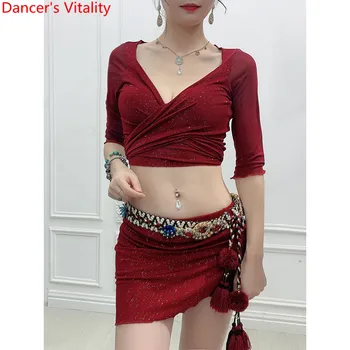 

Belly Dance Practice Clothes Summer Half Sleeve Top Skirt Yarn Set Oriental Indian Dancing Performance Costume Training Outfits