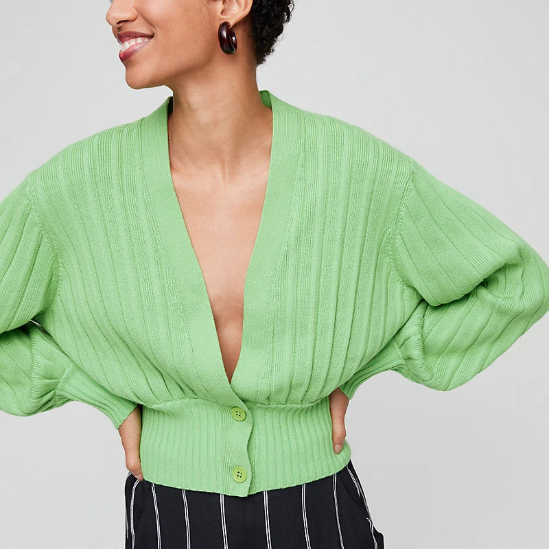 

DGLUKE New Sexy Green Cropped Cardigan Women Deep V-Neck Lantern Sleeve Buttons Sweater Autumn Winter Knitwear Crop Top White