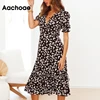 Aachoae Floral Print Elegant Dress V Neck Puff Sleeve Pleated Dress Women Summer Beach Dress Midi Wrap Sundress Robe Femme ► Photo 2/6
