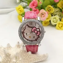 Повседневные часы для девочек с кошкой hello kitty, милые детские часы с кожаным ремешком, стразы, милые детские кварцевые наручные часы