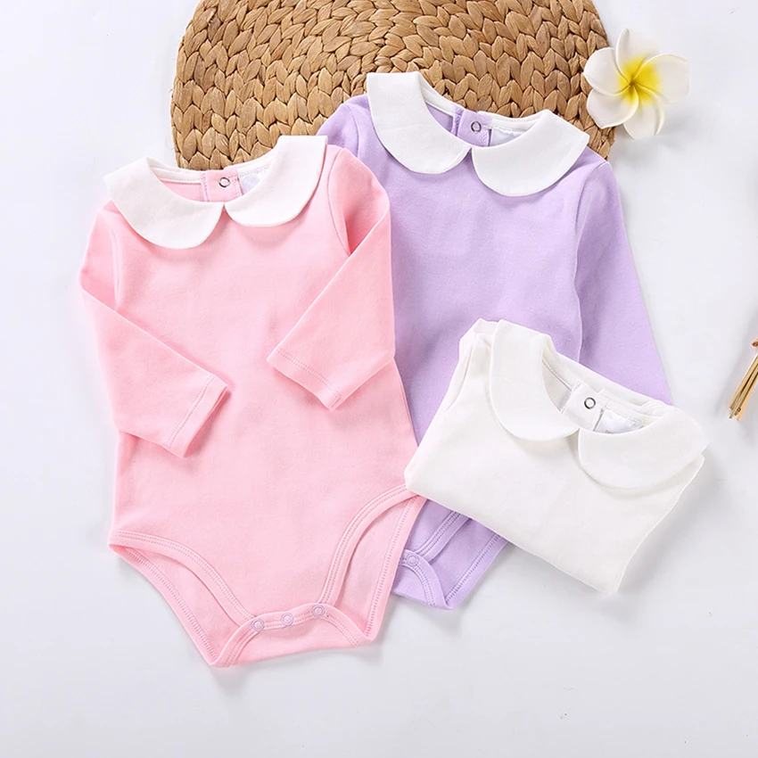소녀 봄 가을 바디 슈트 피터팬 칼라 긴 소매 기본 점프 슈트 키즈 솔리드 컬러 의상 흰색 셔츠 복장