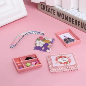

1 set 1:12 Miniature Dollhouse Sewing Box Suit with Design drawings Sewing Tools