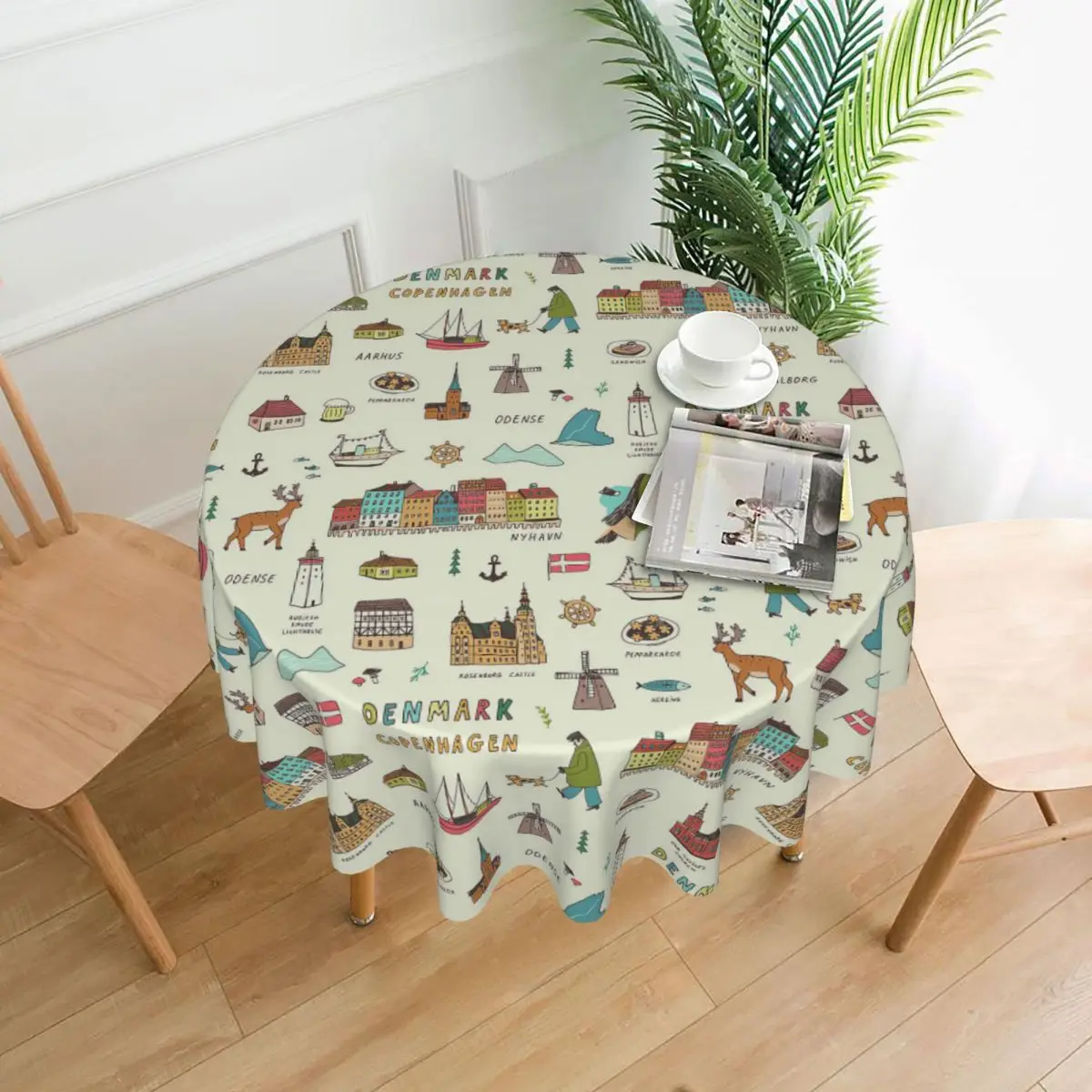 Denmark Copenhagen Hand Drawn Doodle Illustrations Seamless Pattern Round Tablecloth Decorative Printed Table Cover Protector | Дом и сад