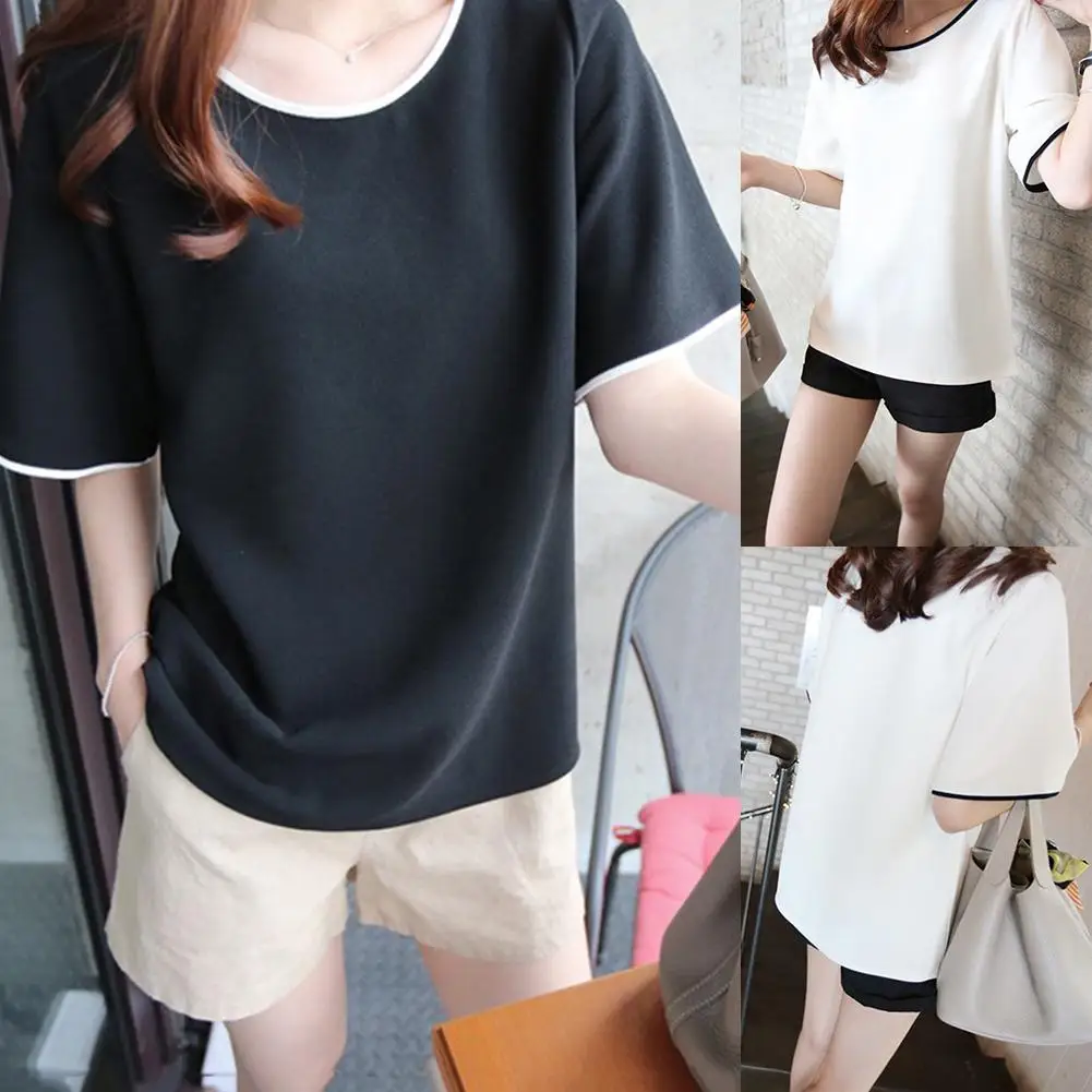 

Summer Women T-Shirt Top White Black Splicing Round Neck Short Sleeve Women Casual Loose T-Shirt Top Tee For Female Shirt