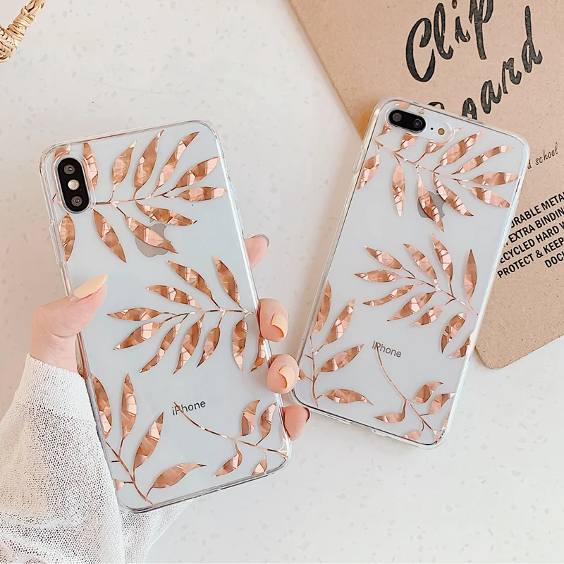 

Rose Gold Plating Leaf Case For iphone 11 Pro Max 7 8 Plus XR X XS Max Shining Lemon Pineapple Plant Tree Phone Case Clear Cover