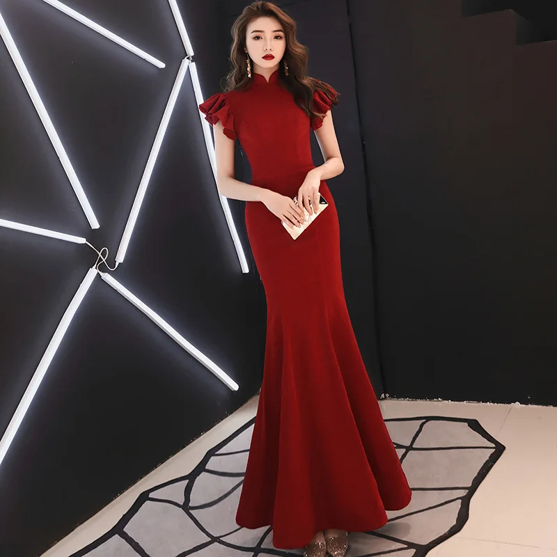 Burgundy Skyyue A-Line Eveing платье с v-образным вырезом и длинным рукавом Robe De Soiree сплошное до пола размера плюс цвет на заказ вечернее платье E089 - Цвет: Burgundy