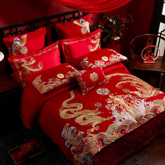 Luxury 100s Egyptian Cotton Red Chinese Wedding Bedding Set Dragon Phoenix  Embroidery Duvet Cover Bed Sheet Bedspread Pillowcase - Bedding Set -  AliExpress