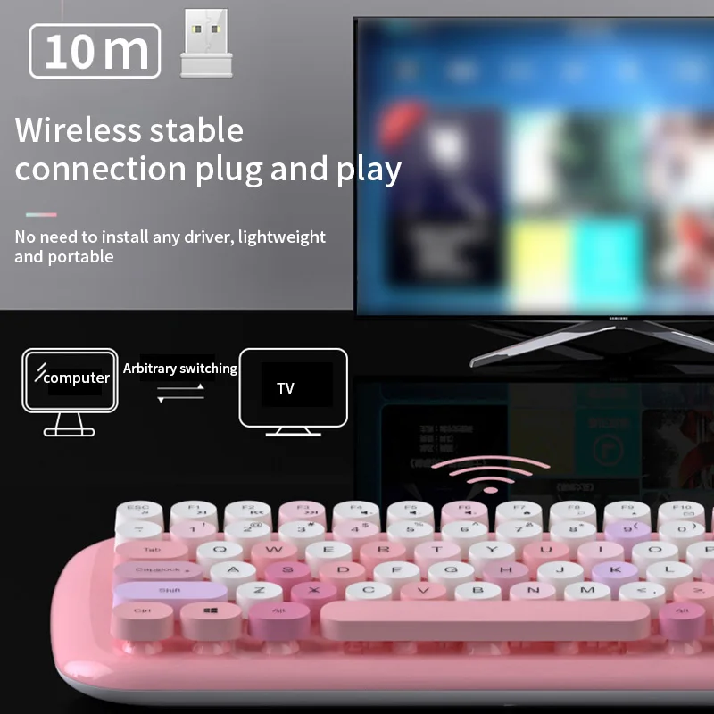 Розовая Беспроводная Bluetooth клавиатура мышка комплект стимпанк 2,4G беспроводная мышь 1600 dpi положение Ретро красочная 84 круглая клавиатура