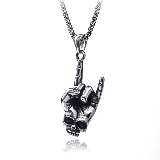 Punk Skull Hand Circle Pendant 3MM Stainless Steel Chain Necklace For Men Male Neck Gothic Jewelry