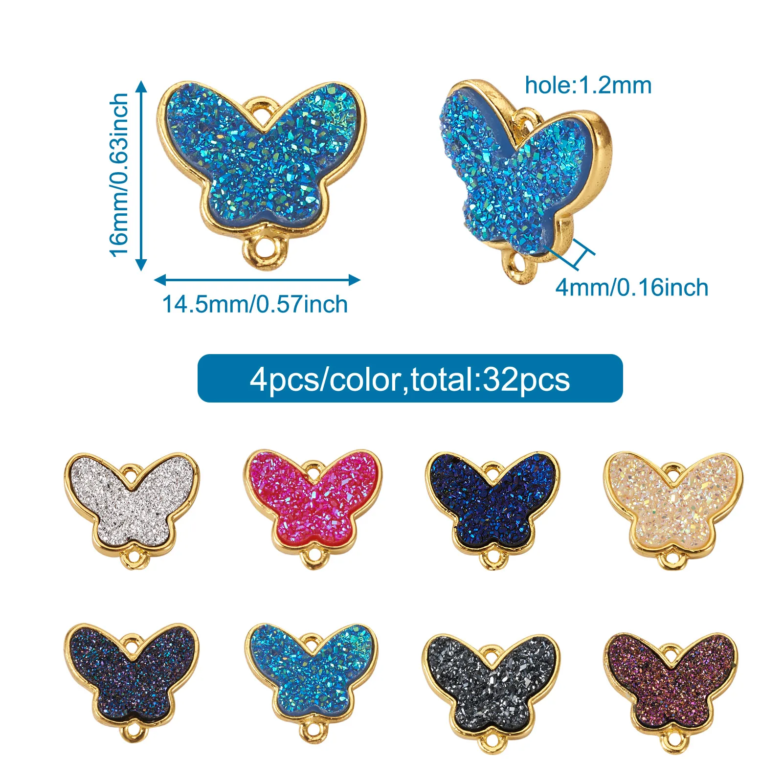 32Pcs Butterfly Brass Links Connectors Sequin Resin Charms Pendants Mix Color for DIY Necklace Earring Bracelet Jewelry Findings
