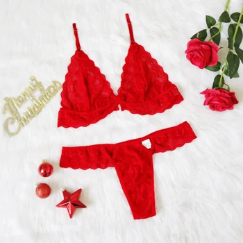 

Lingerie Sexy Lace Christmas Bra Set Three-Point Bra Set For Women Plus Size Lace Christmas Bra Panties Set Red 3XL