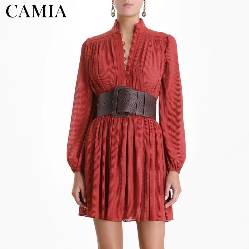 

CAMIA Ruched Solid The Dress Women Stand Collar Lantern Sleeve High Waist Tunic Mini Dresses Female