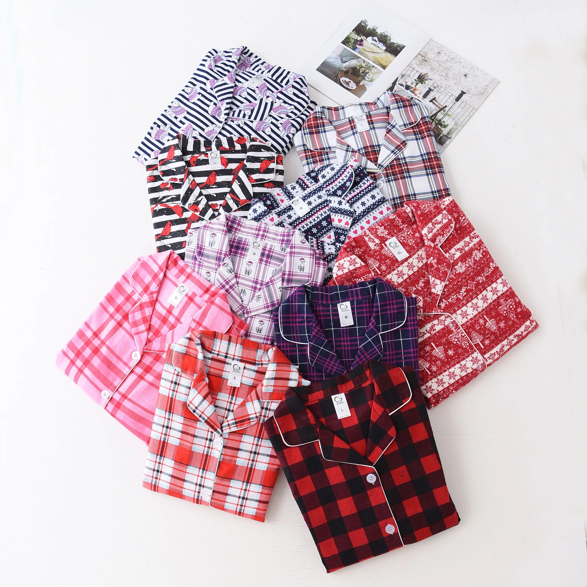 

Autumn Ladies Cotton Brushed Fabric Pajamas Women Winters Clothing Long Sleeve Pajama Turn-down Collar Printing Sleepwear Set