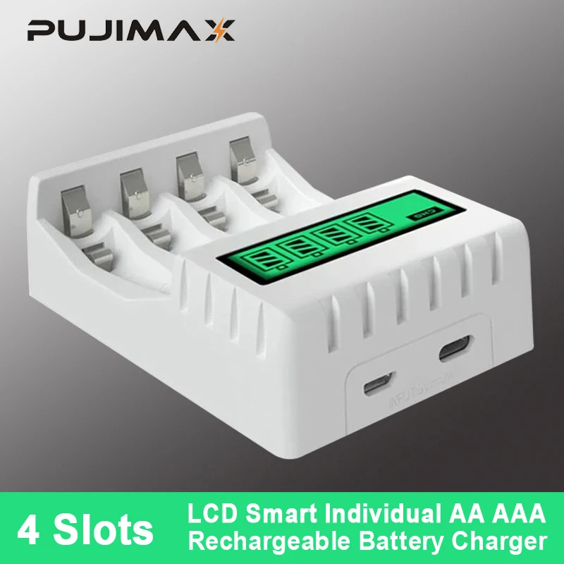 Умное зарядное устройство PUJIMAX 4 слота ЖК-дисплей USB разъем быстрая зарядка для
