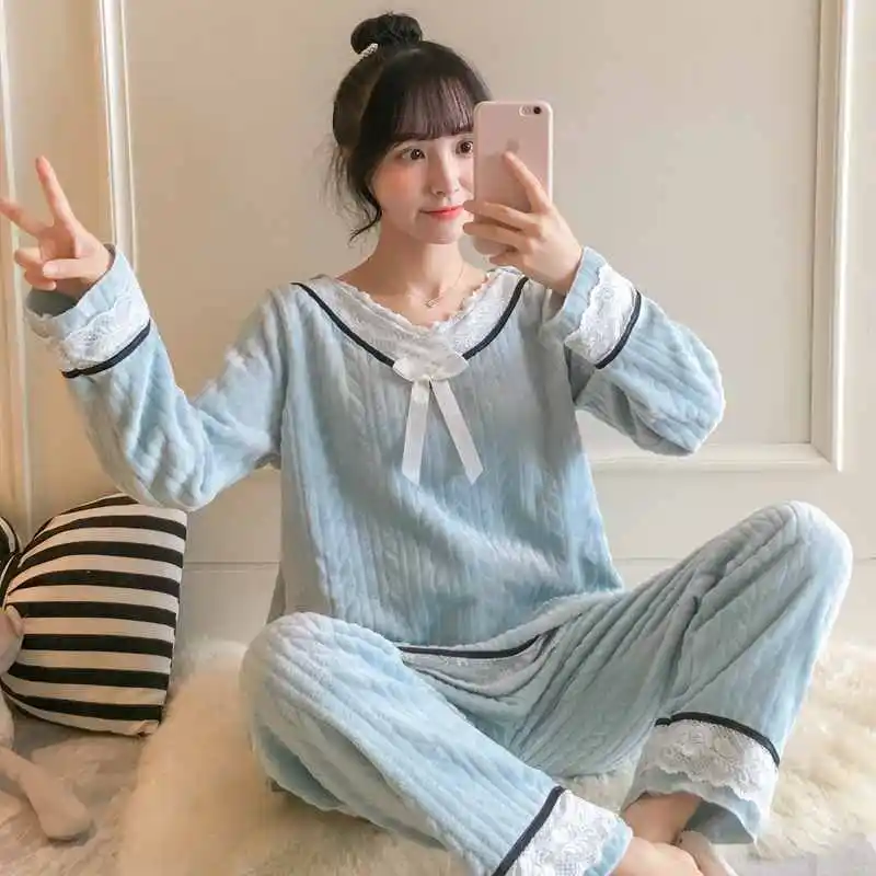 

Winter Flannel Pajamas Suit Women Coral Fleece Sleepwear Lounge Wear With Lace Sexy Nightgown Nightwear Casual Homewear Pijamas