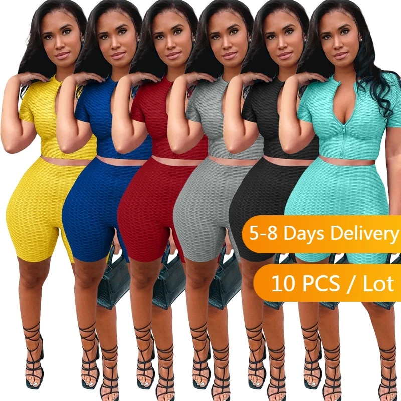 Bulk Items Wholesale Lots Sports Ribbed Tracksuit Women Summer Crop Top Biker Shorts Set Workout Sportwear Bodycon Matching Sets red lingerie set