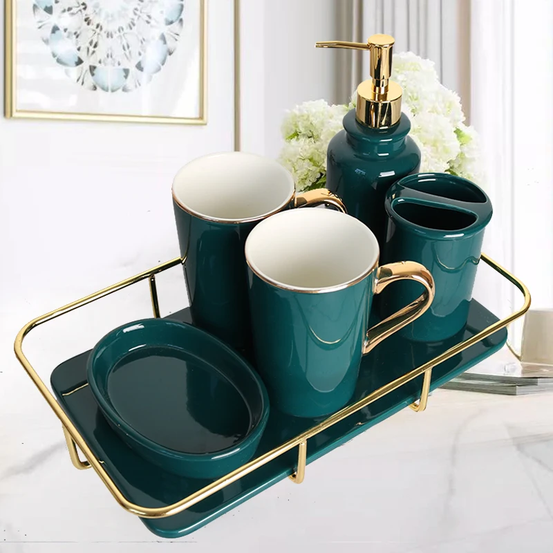 

Bathroom Accessories Set Ceramic Soap Dish Soap Dispenser Toothbrush Holder Gargle Cup European Style Bathroom Set Wedding gifts