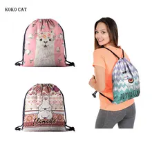 

Koko Cat Fashion Women Drawstring Backpack Alpaca Printing Travel Softback Shoes Storage Package Birthday Party Bags Mochila