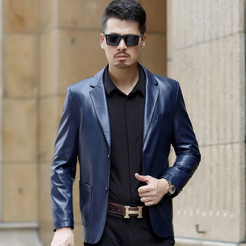 

Men leather suit 2019 new arrival spring and autumn blazer male sheepskin suit tops two buttons pocket genuine leather coat P04