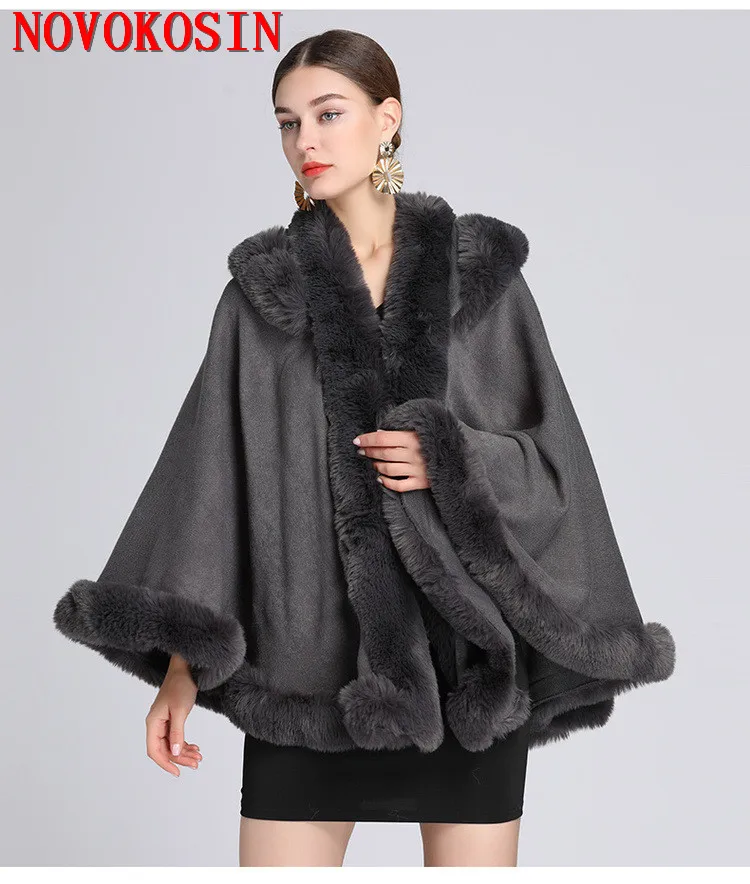 2021 Winter Women Poncho Big Faux Fur Collar Long Tassel Cape Thick Warm Faux Woolen Plus Velvet Outside Coat With Hat