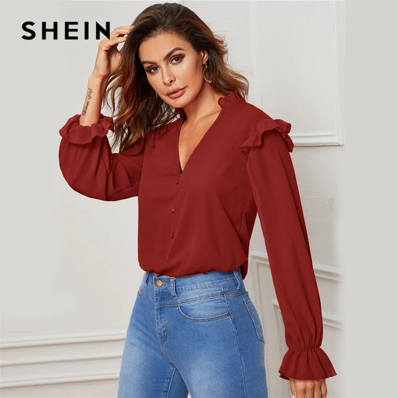 SHEIN Red Ruffle Trim Buttoned Front V Neck Blouse Top Women Spring Autumn Sheer Blouses Flounce Long Sleeve Solid Elegant Tops