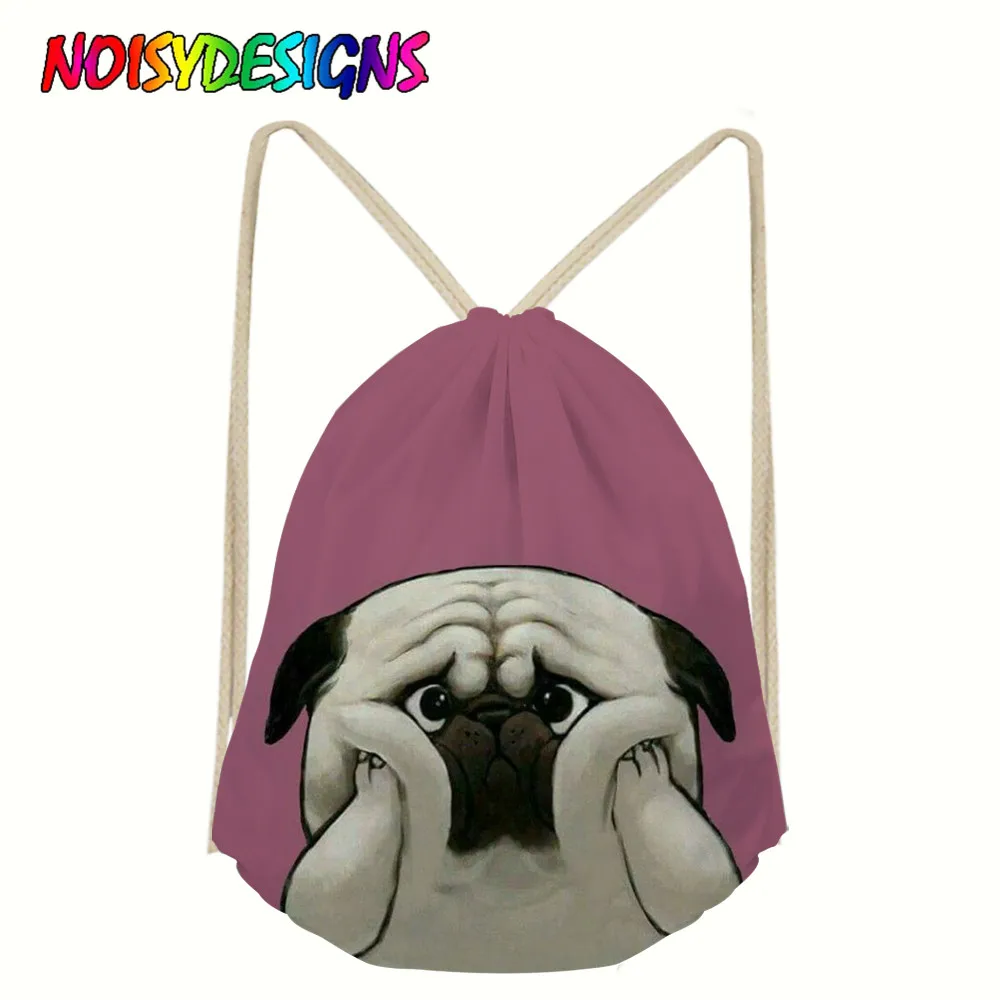 

NOISYDESIGNS Portable Sports Bag Cartoon Pug Dogs Printing Drawstring Backpack Gym Drawstring Shoes Bag Clothes Backpacks Custom