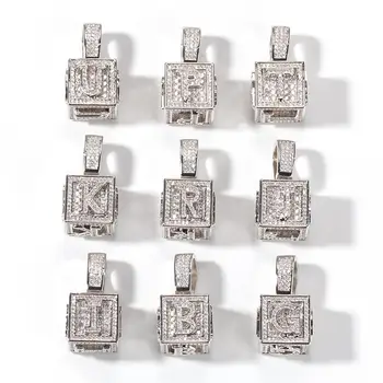 

Hip Hop A-Z Cube Pendant Rope Chain Bling Iced Out Men Charm Jewelry Micro Inlay Zircon Dice Fashion Stainless Steel Rapper