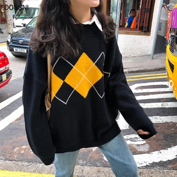 

DOSSNI Women's Sweater Y2K Geometric Sweater Knitted Uniform Long Sleeve Loose Pullover Tops Preppy Style Winter Argyle Clothing