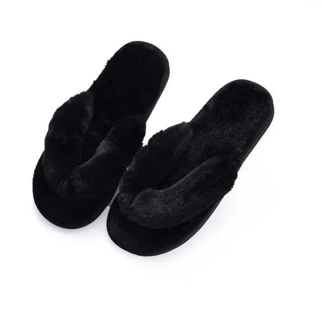 Winter Women House Slippers Faux Fur Fashion Warm Shoes Woman Slip on Flats Female Slides Black Pink cozy home  furry slippers 3799-black