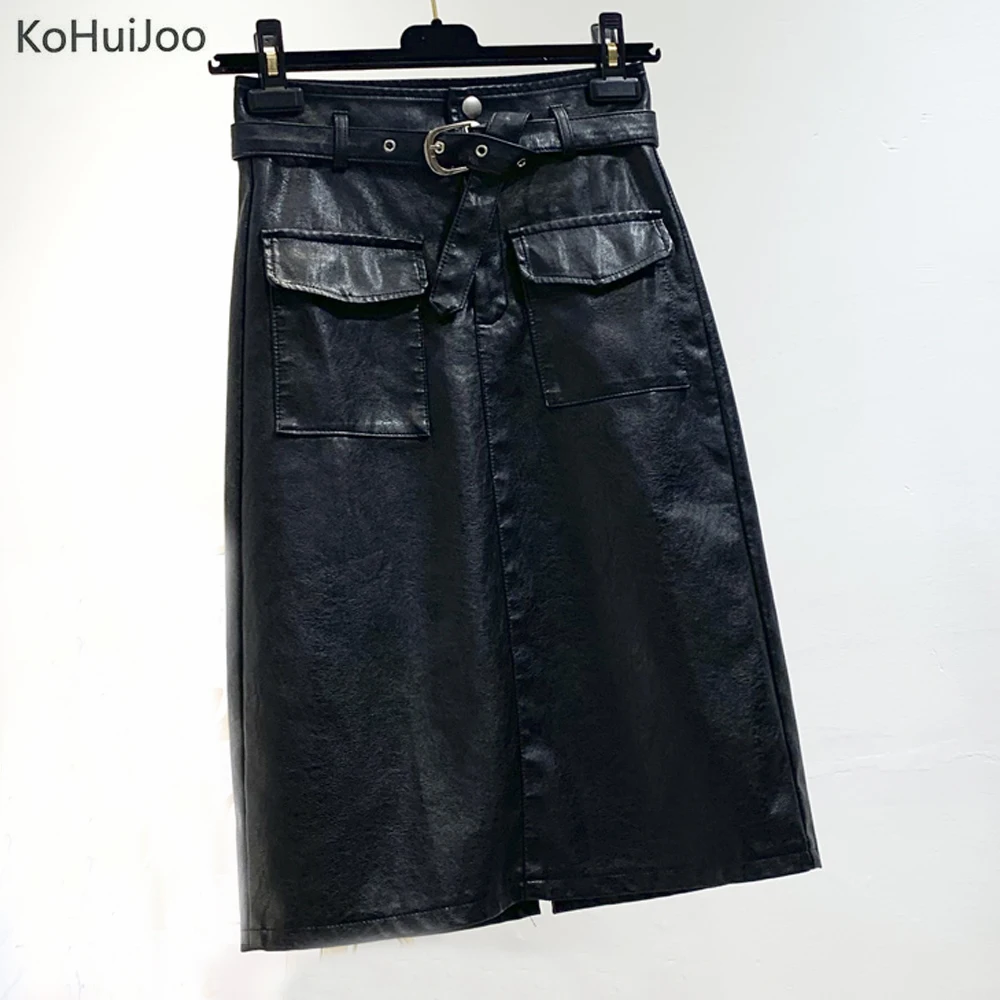 KoHuiJoo кожаная юбка-карандаш Женская Осенняя элегантная Офисная Женская юбка из искусственной кожи Юбка До Колена с разрезом сзади и поясом