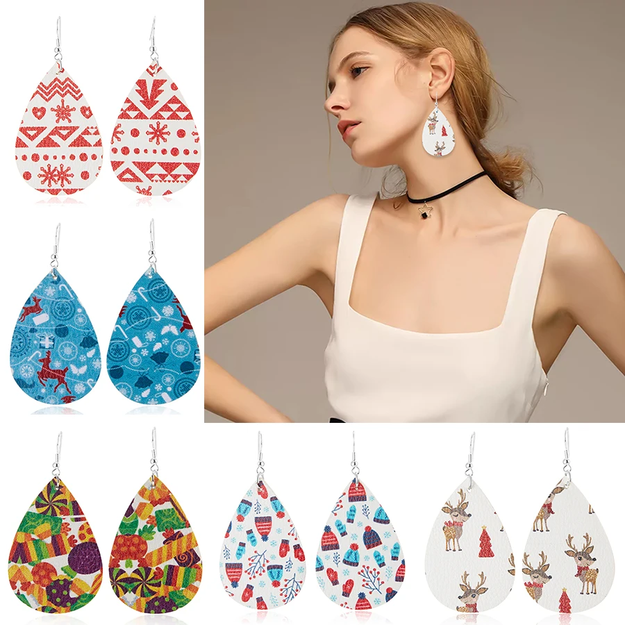 

Women Christmas Elk La Flower Snowflake Dripping Leather Festive Earrings Bohemia Print Dangle Drop Party Earrings Jewelry Gifts