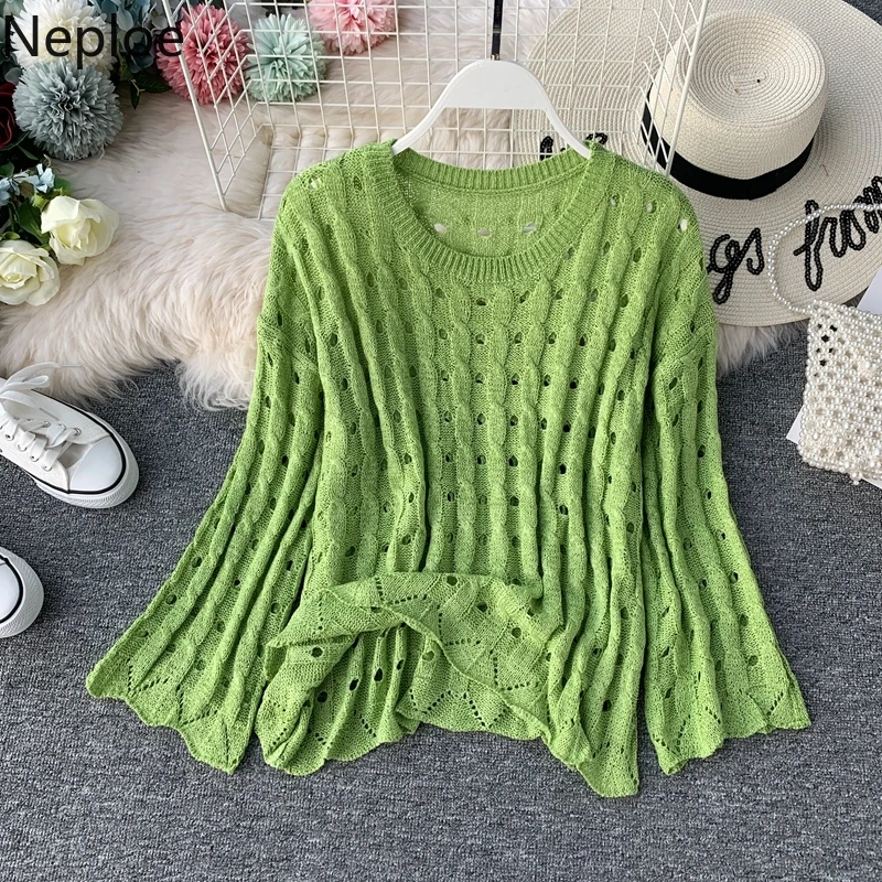 

Neploe 2019 Autumn Sweater Women's Thin Korean Loose 0-neck Knit Pullover Long Sleeve Oversized Hollow-out Wave Knit Tops 54001